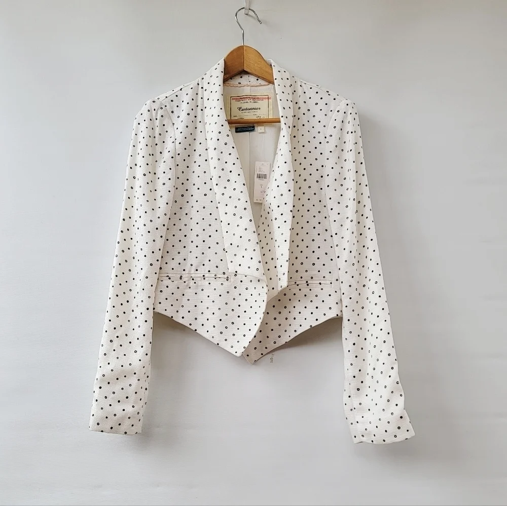 Anthropologie Cartonnier Polka Dot Blazer Size Small White Blue Bolero Jacket